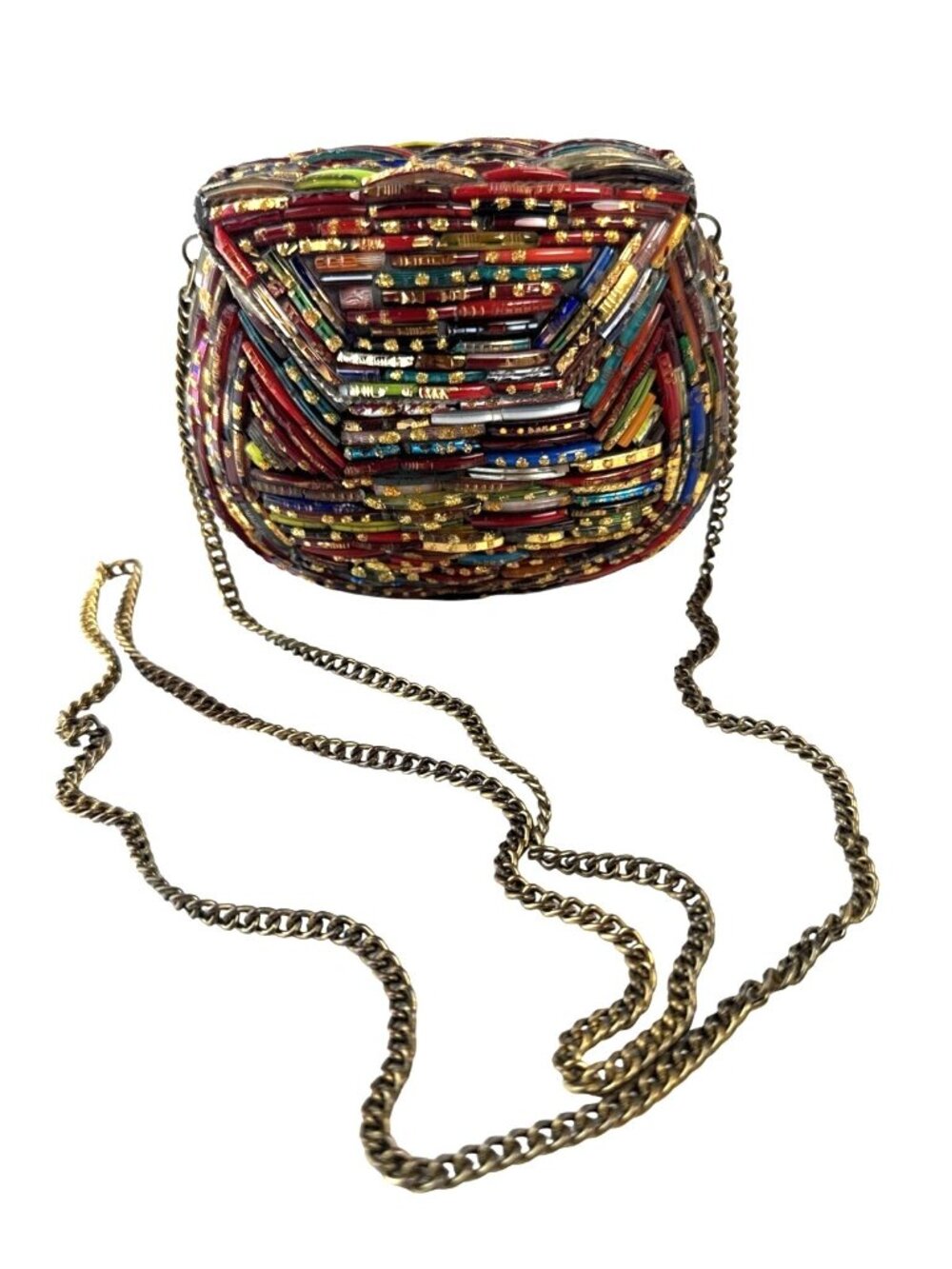 Tara Handcrafted Multicolor Glass Beaded Crossbody Bag W/Gold Chain Strap